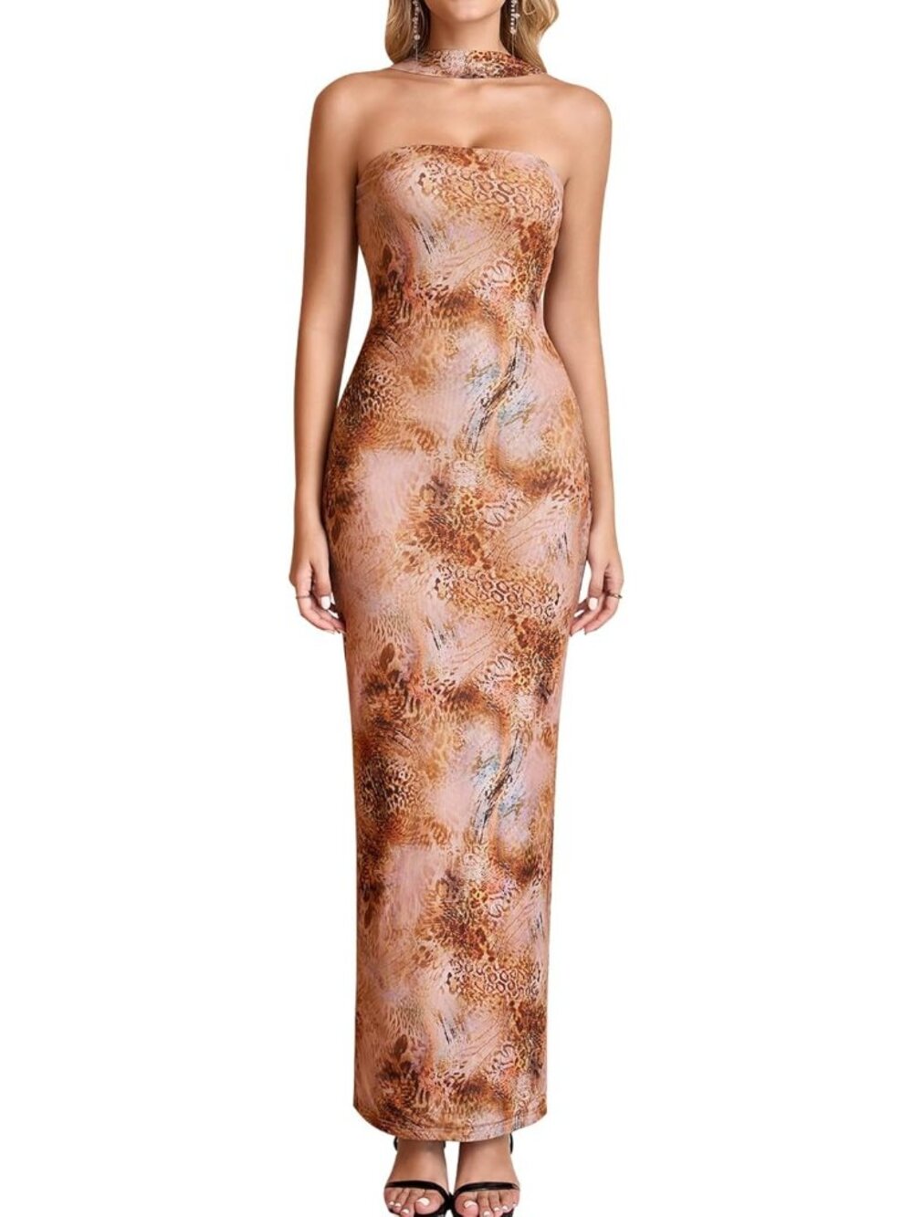 Women's Summer Bodycon Leopard Maxi Halter Neck Formal Cocktail Party Dress